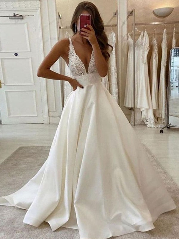 A-Line V-Neck Satin Sleeveless Train Wedding Dress - Chloe Dress