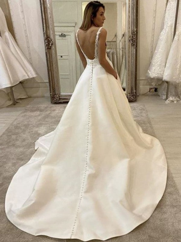 A-Line V-Neck Satin Sleeveless Train Wedding Dress - Chloe Dress