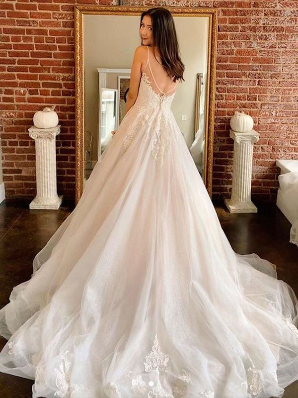 A-Line V-Neck Lace Sleeveless Train Wedding Dress - Chloe Dress