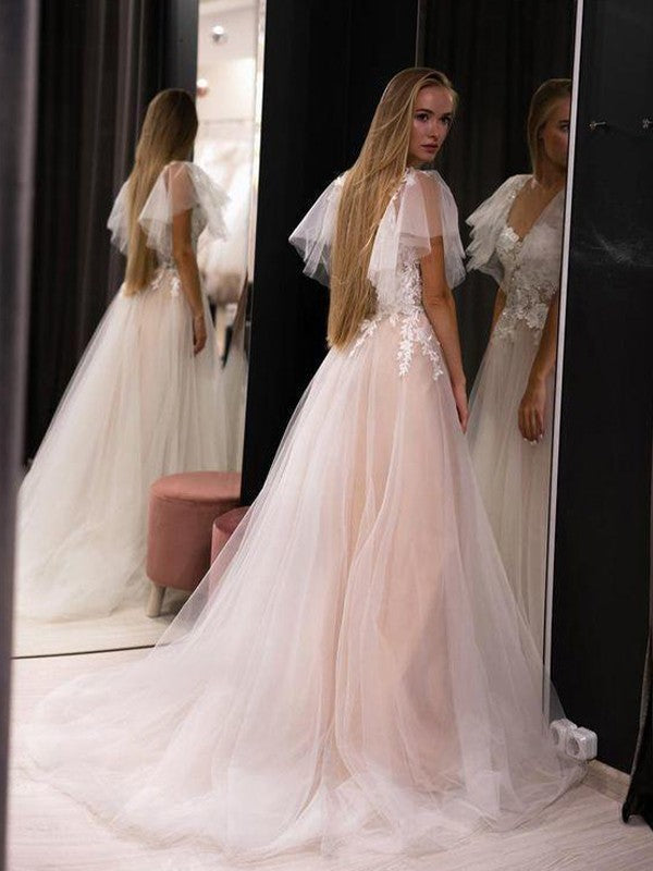 A-Line Sweetheart Tulle Short Sleeve Train Mini Wedding Dress - Chloe Dress