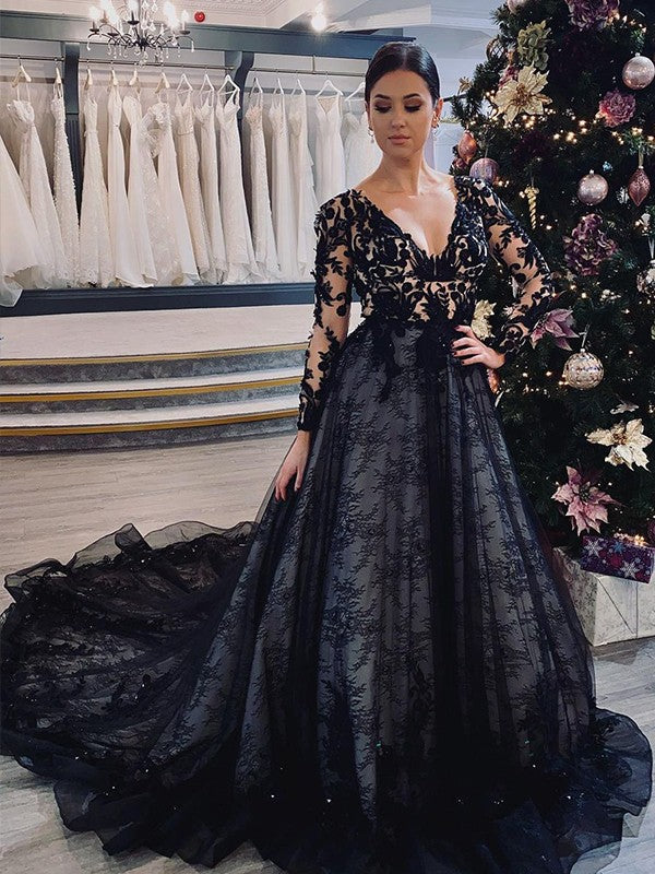 A-Line V-Neck Lace Long Sleeve Train Wedding Dress - Chloe Dress