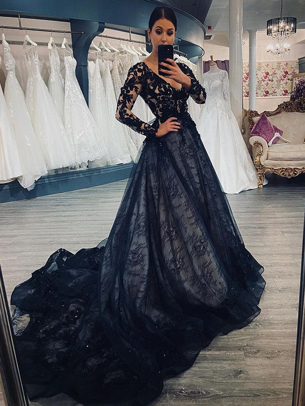 A-Line V-Neck Lace Long Sleeve Train Wedding Dress - Chloe Dress