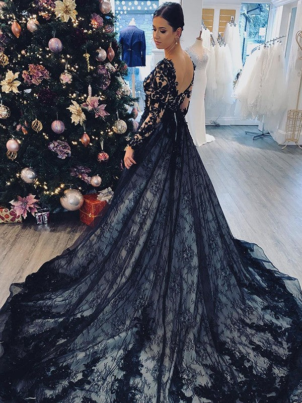 A-Line V-Neck Lace Long Sleeve Train Wedding Dress - Chloe Dress