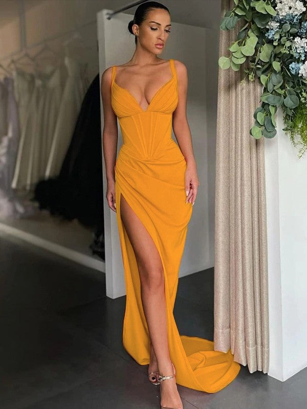 Sheath V-Neck Crepe Sleeveless Train Dress - Chloe Dress
