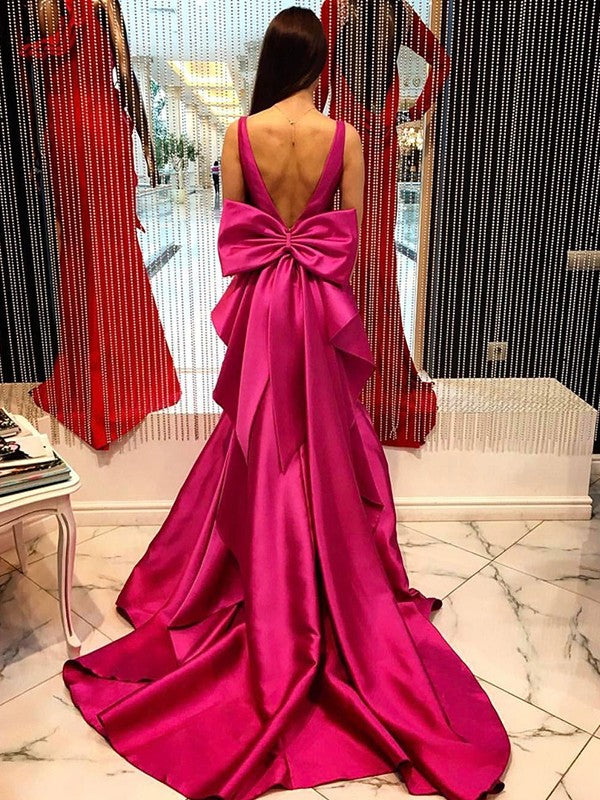 A-Line V-Neck Satin Sleeveless Train Dress - Chloe Dress