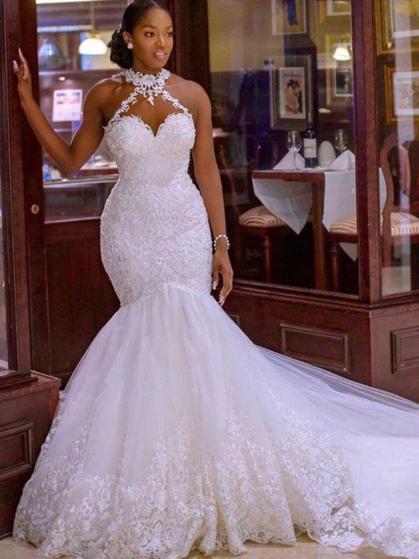 Mermaid Halter Tulle Sleeveless Train Wedding Dress - Chloe Dress
