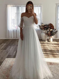 A-Line Tulle Three-Quarter Sleeve Ruffled Floor-Length Wedding Dress - Chloe Dress