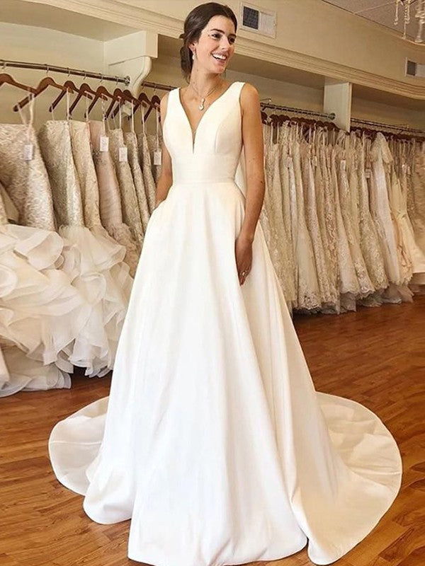 A-Line V-Neck Satin Sleeveless Ruffled Wedding Dress - Chloe Dress