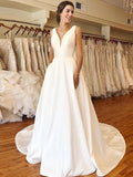 A-Line V-Neck Satin Sleeveless Ruffled Wedding Dress - Chloe Dress