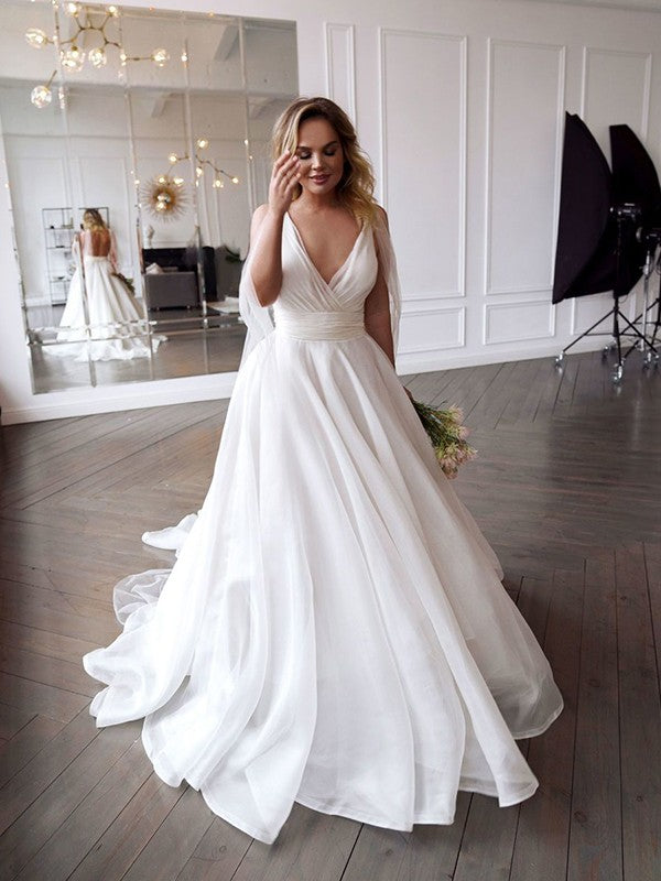 A-Line V-Neck Organza Sleeveless Ruffled Wedding Dress - Chloe Dress