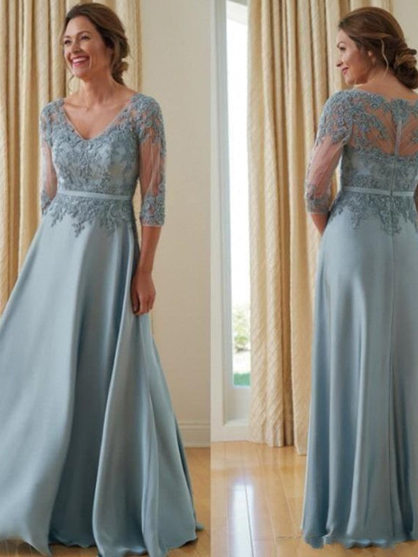 A-Line V-Neck Satin Three-Quarter Sleeve Applique Floor-Length Dress - Chloe Dress