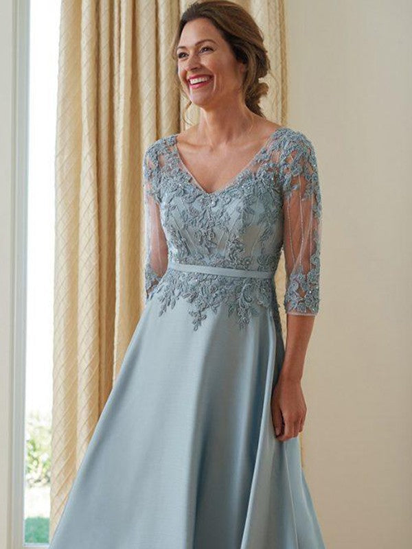 A-Line V-Neck Satin Three-Quarter Sleeve Applique Floor-Length Dress - Chloe Dress