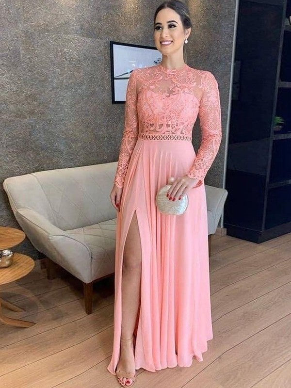 A-Line High Neck Chiffon Long Sleeve Floor-Length Dress - Chloe Dress