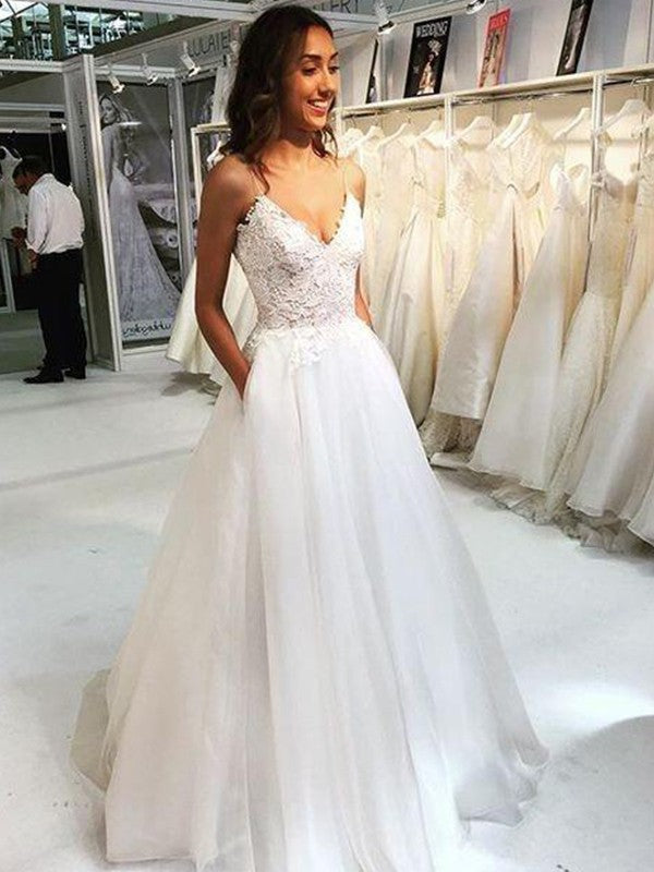 A-Line V-Neck Tulle Sleeveless Floor-Length Wedding Dress - Chloe Dress