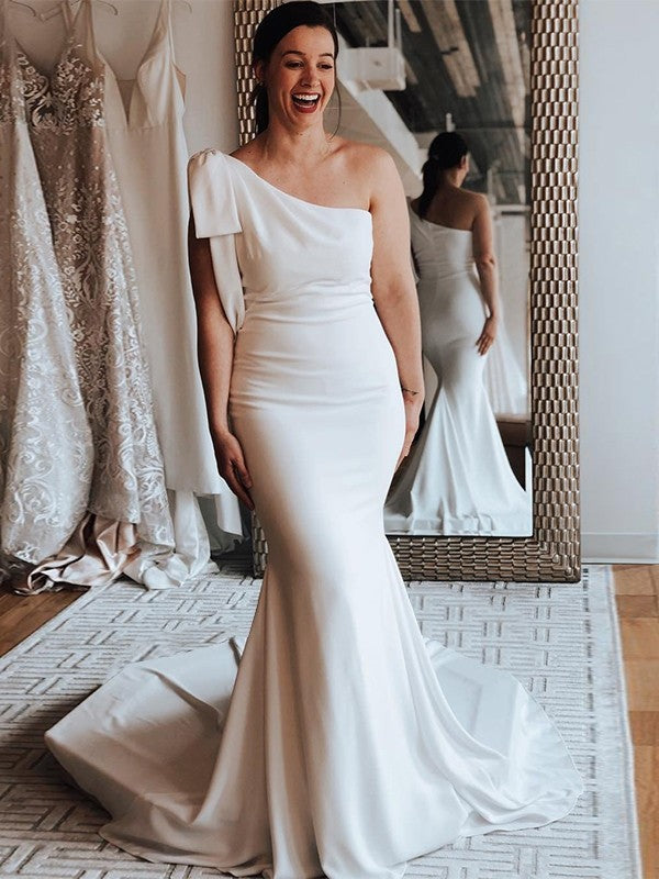 Sheath One-Shoulder Satin Sleeveless Train Wedding Dress - Chloe Dress