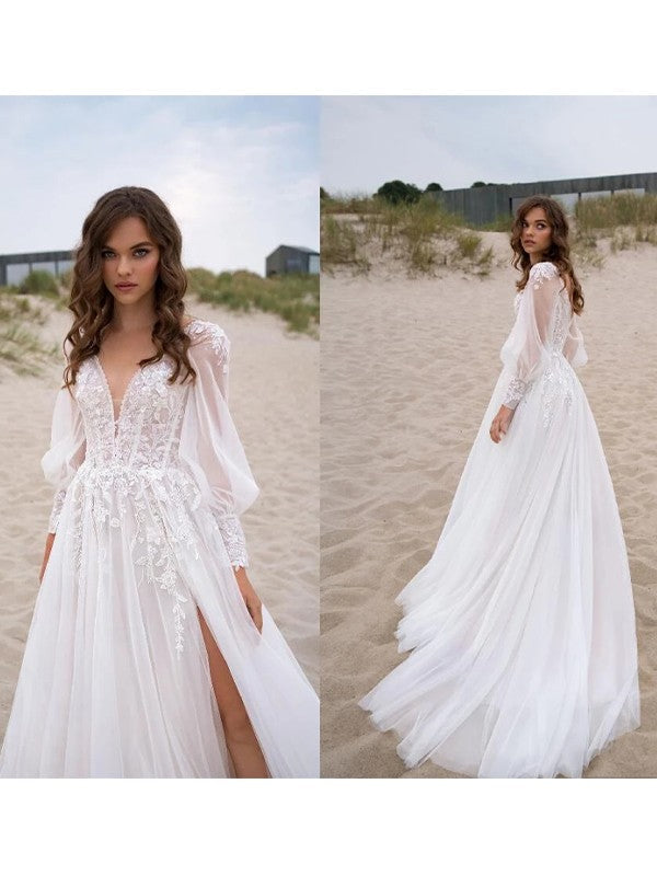 A-Line V-Neck Lace Long Sleeve Train Wedding Dress - Chloe Dress