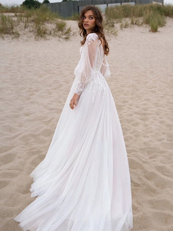 A-Line V-Neck Lace Long Sleeve Train Wedding Dress - Chloe Dress