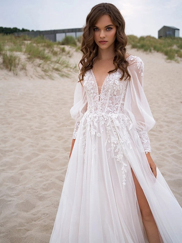 A-Line V-Neck Lace Long Sleeve Train Wedding Dress - Chloe Dress