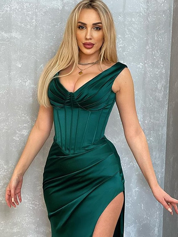Sheath V-Neck Satin Sleeveless Train Dress - Chloe Dress