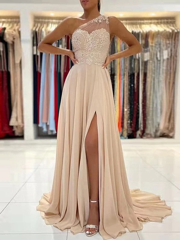 A-Line One-Shoulder Chiffon Sleeveless Train Dress - Chloe Dress