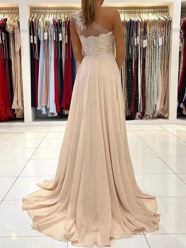A-Line One-Shoulder Chiffon Sleeveless Train Dress - Chloe Dress