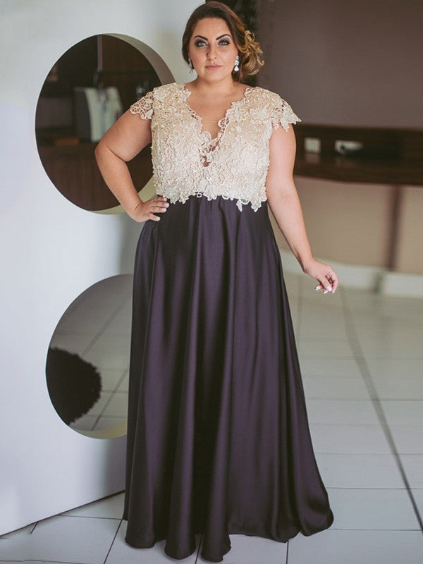 A-Line V-Neck Satin Short Sleeve Floor-Length Dress - Chloe Dress