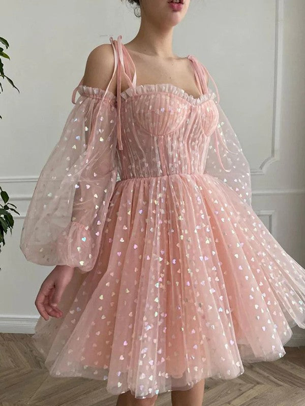 A-Line Spaghetti Strap Long Sleeve Ruffled Mini Dress - Chloe Dress