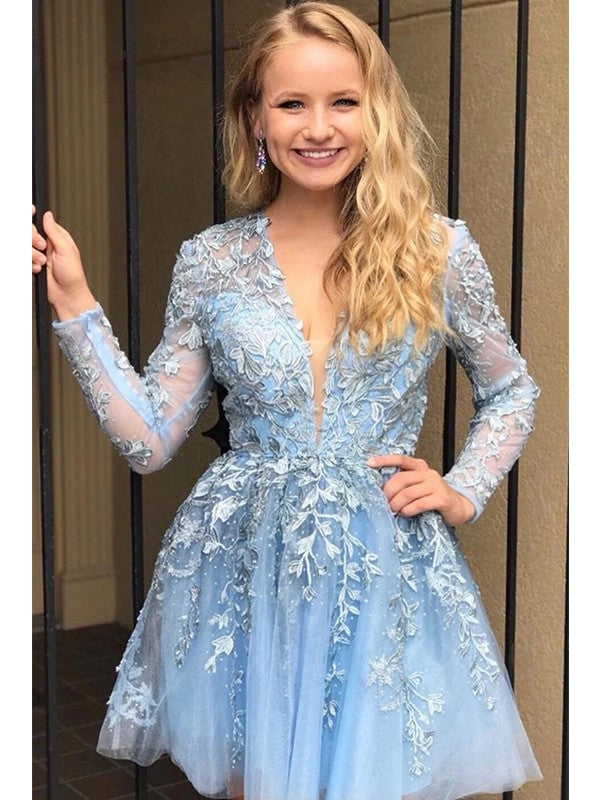 A-Line V-Neck Lace Long Sleeve Applique Mini Dress - Chloe Dress