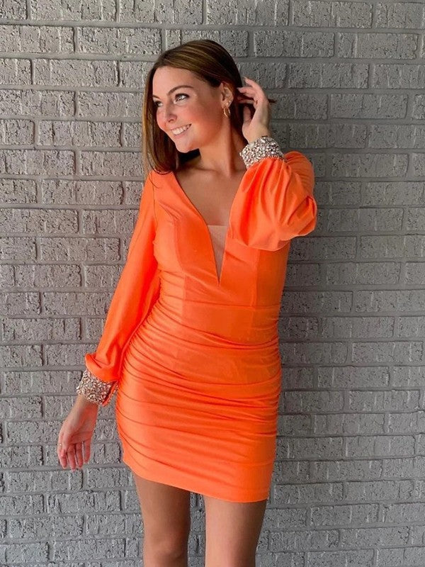 Sheath V-Neck Chiffon Long Sleeve Mini Dress - Chloe Dress