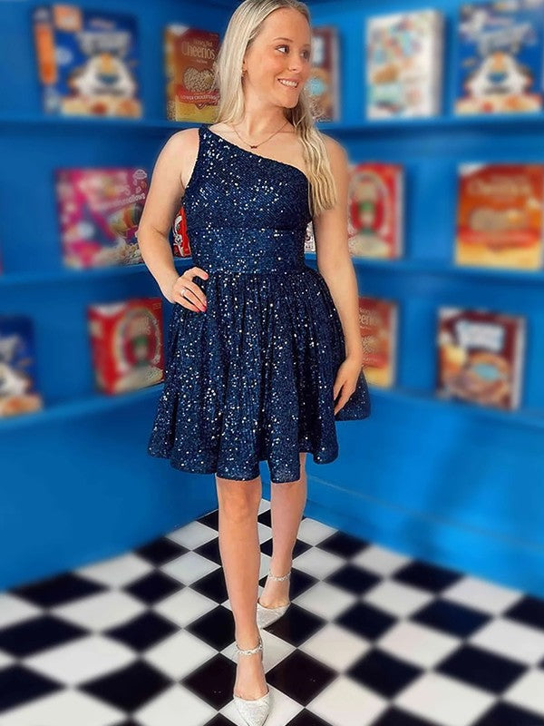 A-Line One-Shoulder Sequin Sleeveless Ruffled Mini Dress - Chloe Dress