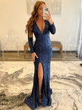 Sheath V-Neck Sequin Long Sleeve Train Dress - Chloe Dress
