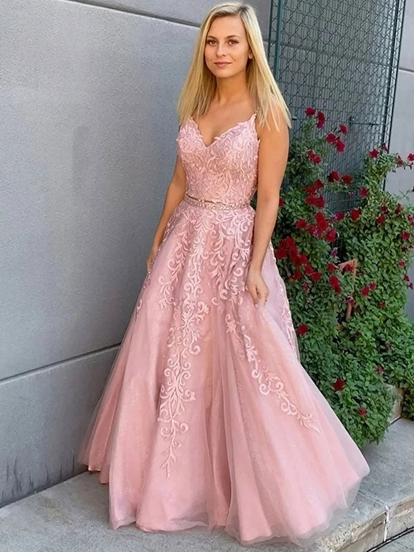 A-Line V-Neck Tulle Sleeveless Applique Floor-Length Dress - Chloe Dress