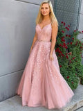 A-Line V-Neck Tulle Sleeveless Applique Floor-Length Dress - Chloe Dress