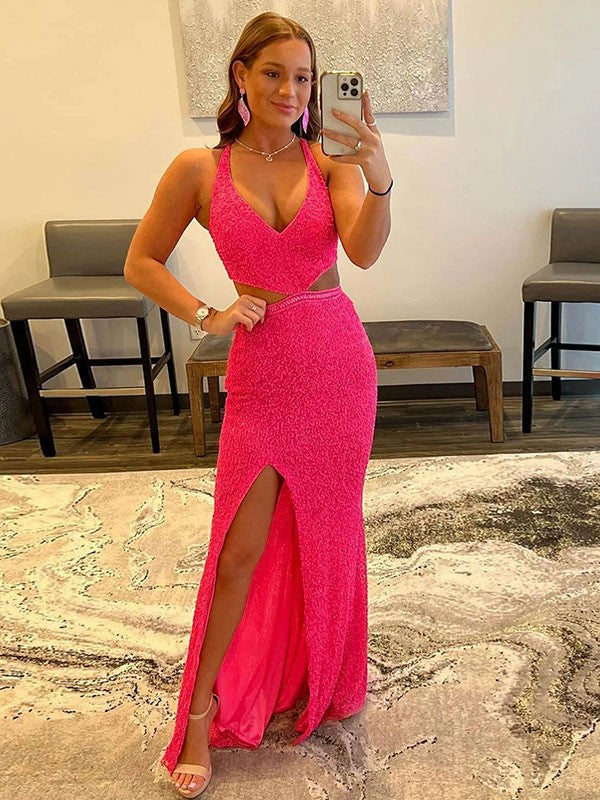 Sheath V-Neck Sequin Sleeveless Train Dress - Chloe Dress