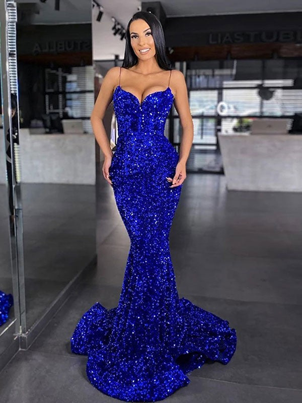Mermaid Spaghetti Strap Sequin Sleeveless Train Dress - Chloe Dress