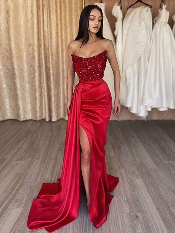 Sheath Strapless Satin Sleeveless Train Dress - Chloe Dress