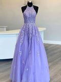 A-Line Halter Tulle Sleeveless Applique Floor-Length Dress - Chloe Dress