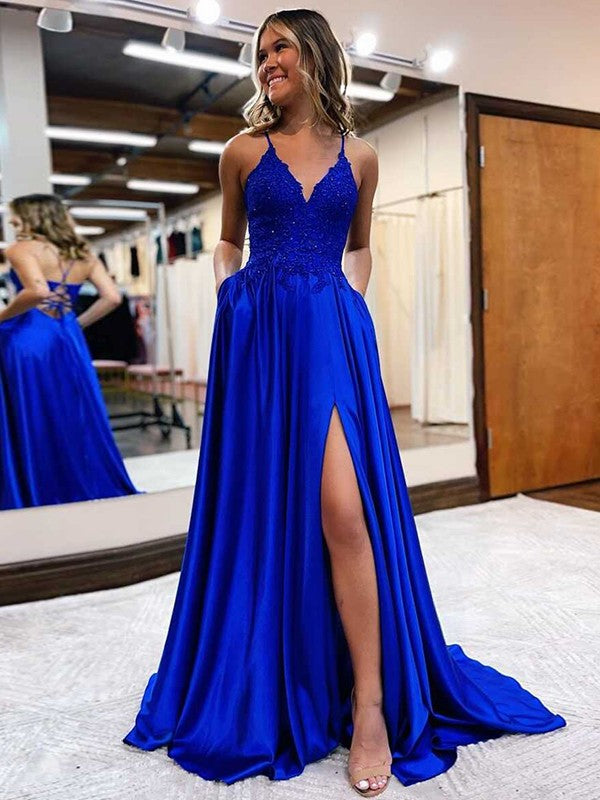 A-Line V-Neck Satin Sleeveless Train Dress - Chloe Dress