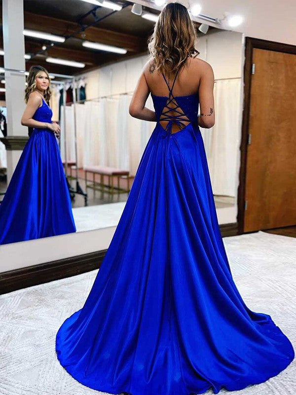 A-Line V-Neck Satin Sleeveless Train Dress - Chloe Dress