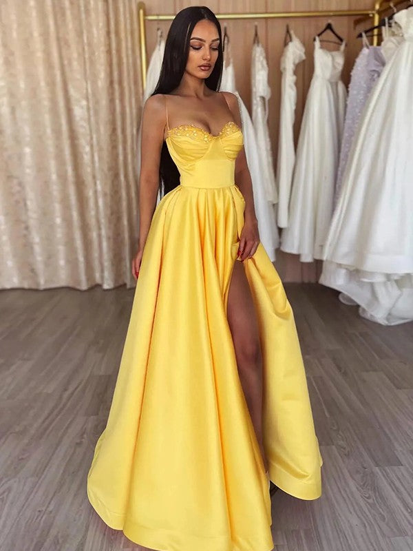 A-Line Spaghetti Strap Satin Sleeveless Ruffled Floor-Length Dress - Chloe Dress