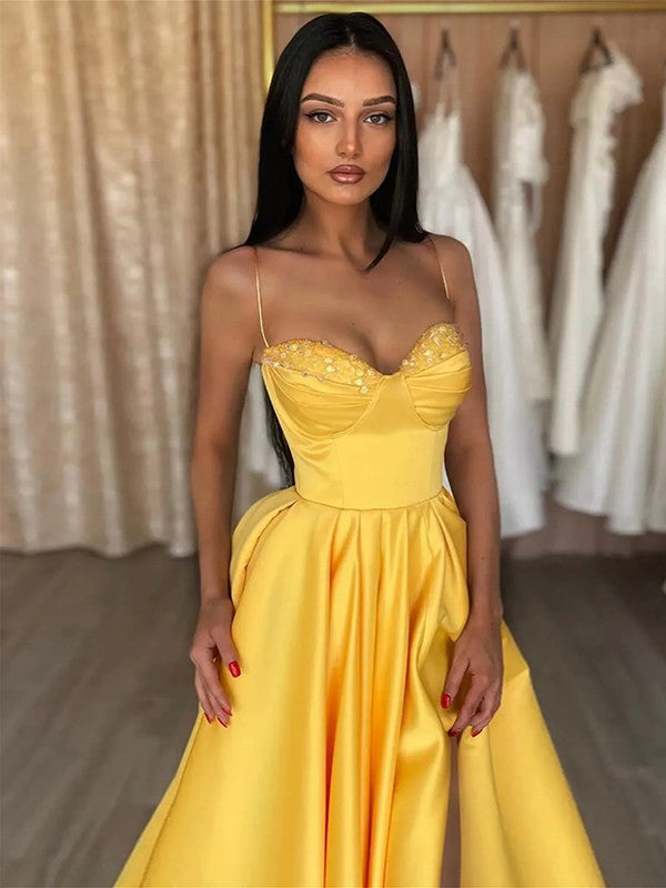 A-Line Spaghetti Strap Satin Sleeveless Ruffled Floor-Length Dress - Chloe Dress