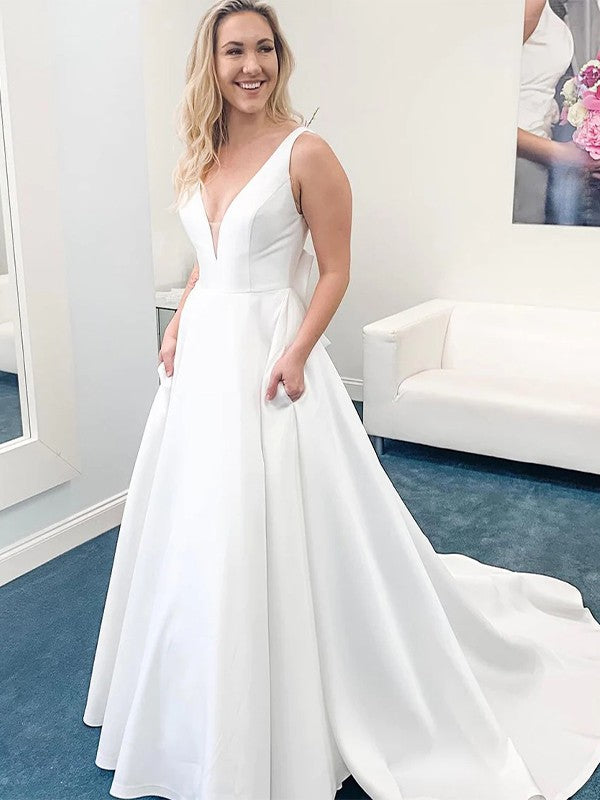 A-Line V-Neck Satin Sleeveless Train Wedding Dress - Chloe Dress