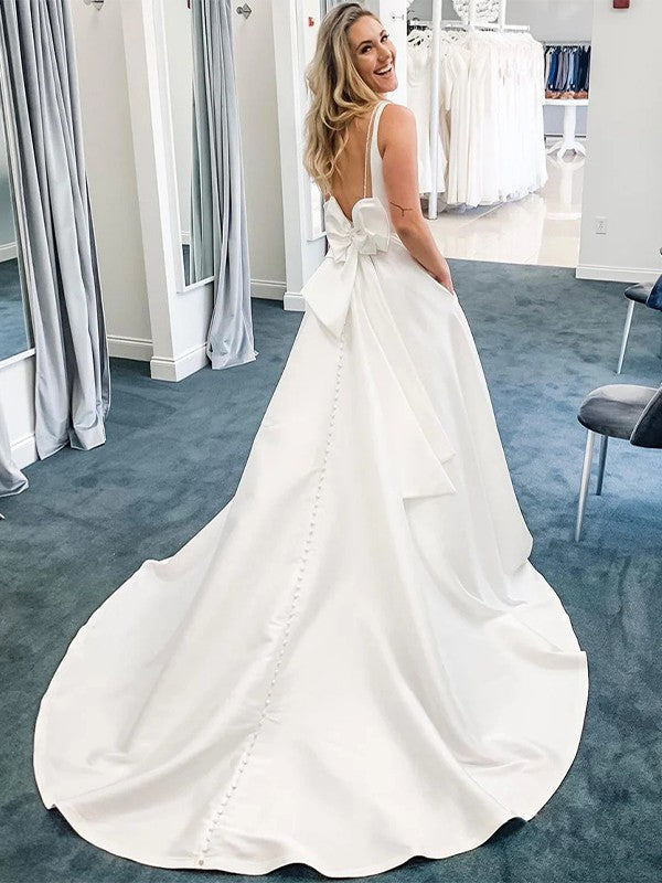 A-Line V-Neck Satin Sleeveless Train Wedding Dress - Chloe Dress