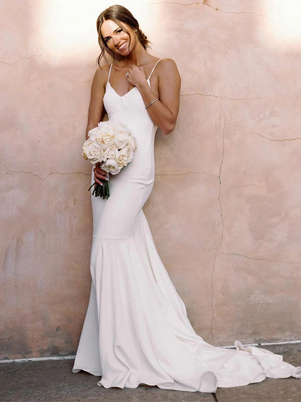 Sheath V-Neck Crepe Sleeveless Train Wedding Dress - Chloe Dress