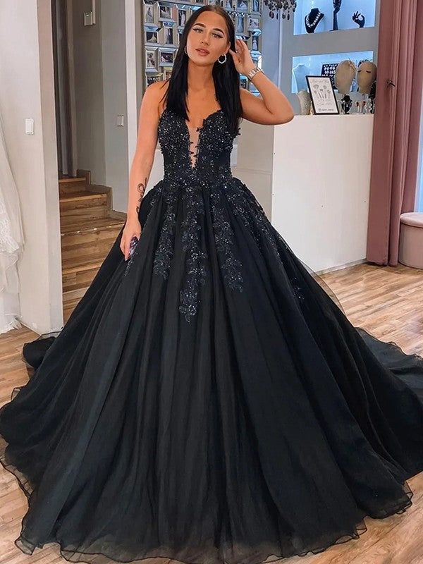 Ball Gown V-Neck Tulle Sleeveless Train Gown - Chloe Dress