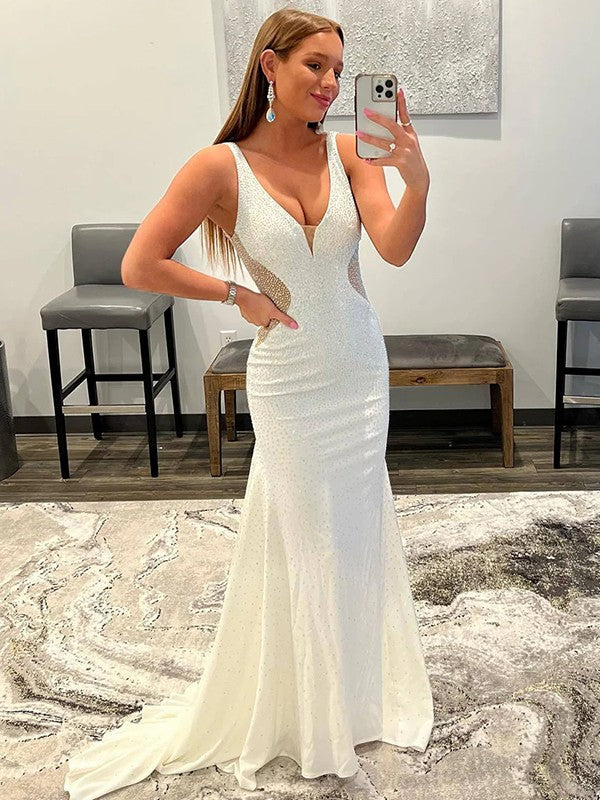 Sheath V-Neck Crepe Sleeveless Train Dress - Chloe Dress