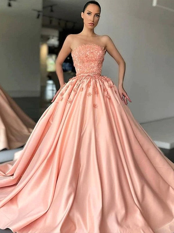 Ball Gown Strapless Satin Sleeveless Train Gown - Chloe Dress