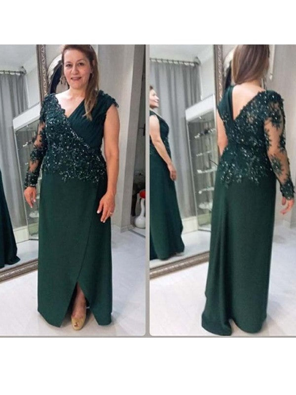 A-Line V-Neck Crepe Long Sleeve Applique Floor-Length Dress - Chloe Dress