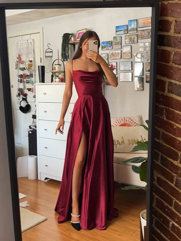 A-Line Spaghetti Strap Satin Sleeveless Ruffled Floor-Length Dress - Chloe Dress