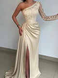 Sheath One-Shoulder Satin Long Sleeve Train Dress - Chloe Dress
